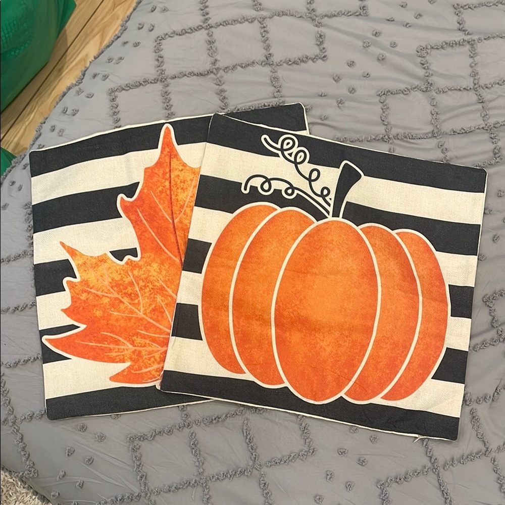 Striped Pumpkin and Leaf Pillow Covers Fall Autumn Halloween set of 2